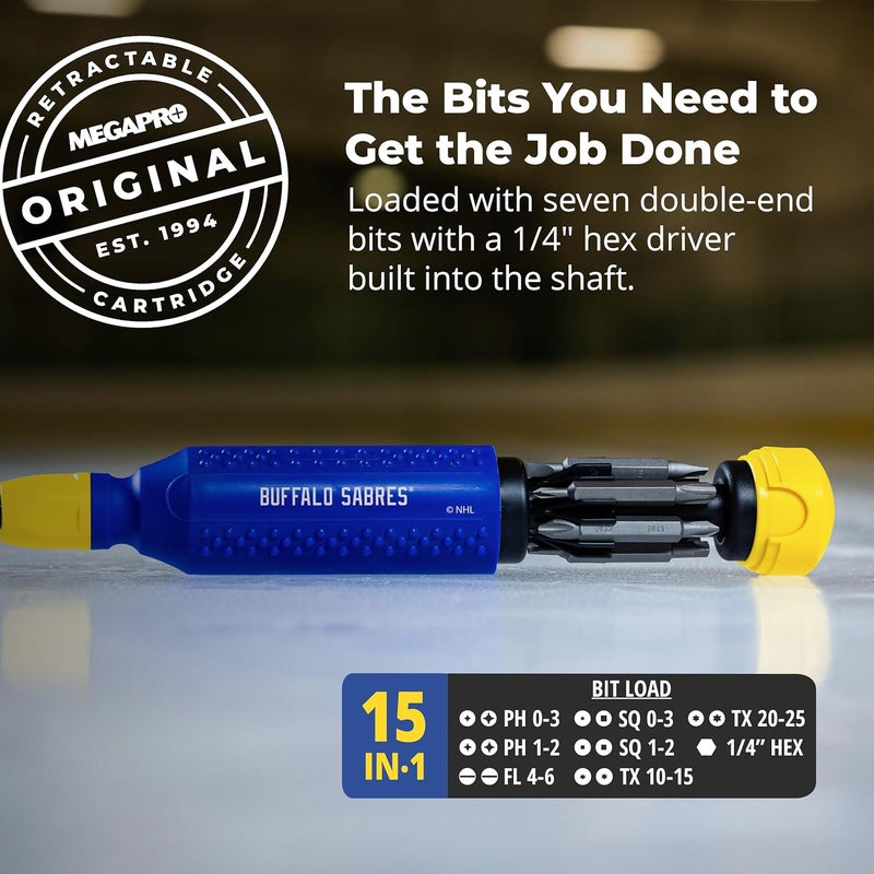 Megapro ® NHL® Team Edition Multi-bit Screwdriver | Officially Licensed NHL® Gear | Durable, Ergonomic, Pro-Grade Screwdriver (Buffalo Sabres®) - Image 3